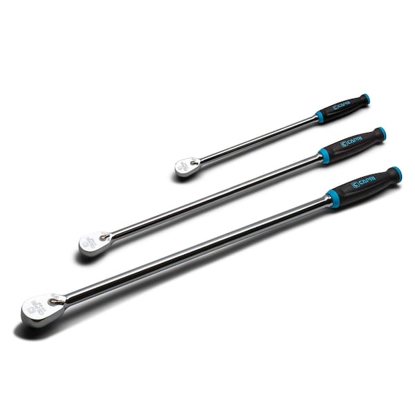 Capri Tools Fine 90-Tooth Extra Long Ratchet Set, Ergonomic Soft Grip, 1/4, 3/8, 1/2 in. Drive, 3-Piece - CP90SL-SET