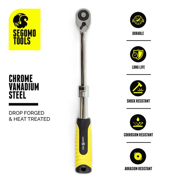 Segomo Tools 3/8" Drive 72 Teeth Heavy Duty Reversible Extendable Ratchet (9-13") - 9015193B