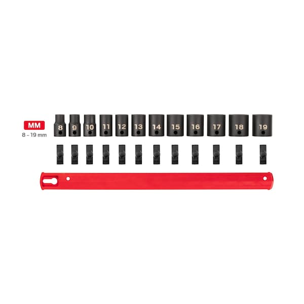 Tekton 3/8 Inch Drive 6-Point Impact Socket Set with Rail, 12-Piece (8-19 mm) - SID91102