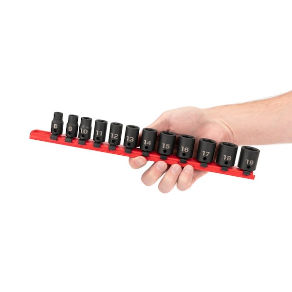 Tekton 3/8 Inch Drive 6-Point Impact Socket Set with Rail, 12-Piece (8-19 mm) - SID91102