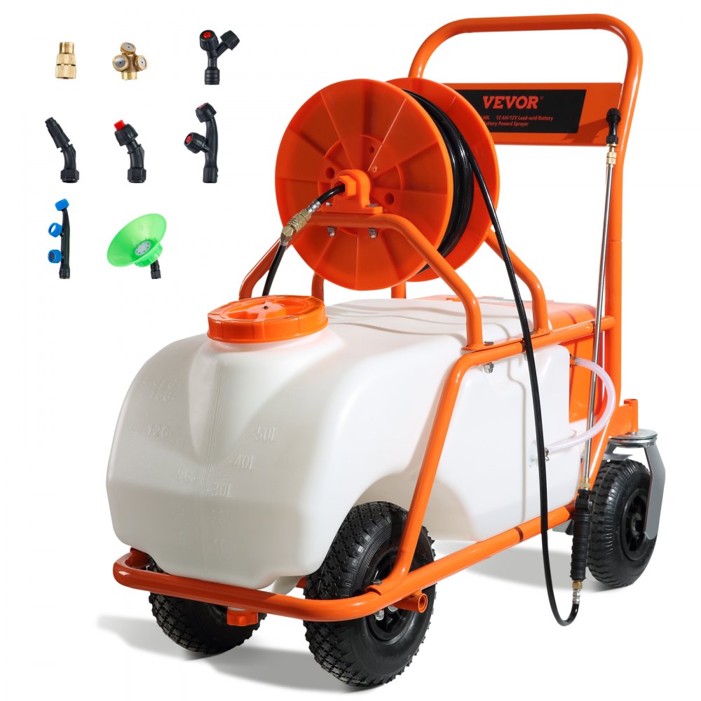 VEVOR Battery Powered Lawn Sprayer on Wheel, 0-90 PSI Adjustable Pressure, 15 Gallon Tank, Cart Sprayer with 8 Nozzles and 2 Wands, 12V 12Ah Battery, Wide Mouth Lid for Weeding, Spraying - TCPPPE1560L39A38EV5