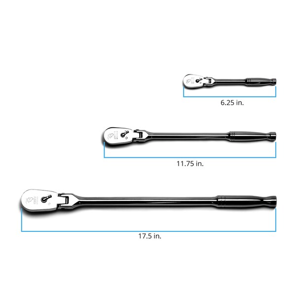 Capri Tools 1/4, 3/8, 1/2 in Dr 72-Tooth Flex-Head Low Profile Ratchet Set, 3 pcs - CP12000FX
