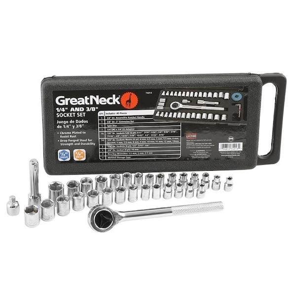 Great Neck 1/4 and 3/8 in. drive Metric and SAE Ratchet and Socket Set - 74213