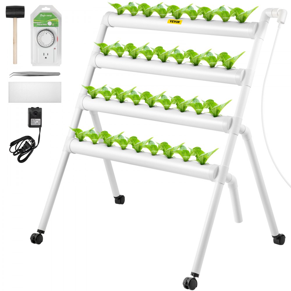 VEVOR Hydroponics Growing System, 36 Sites 4 Food-Grade PVC-U Pipes, 4 Layers Indoor Planting Kit with Water Pump, Timer, Nest Basket, Sponge for Fruits, Vegetables, Herb, White - SPZWSZ436110VTZDLV1