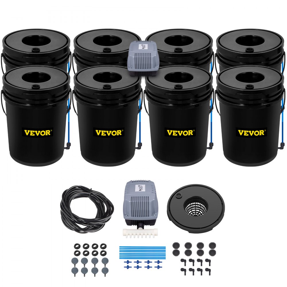 VEVOR DWC Hydroponic System, 5 Gallon 8 Buckets, Deep Water Culture Growing Bucket, Hydroponics Grow Kit with Pump, Air Stone and Water Level Device, for Indoor/Outdoor Leafy Vegetables - SSSPXTYX8110VT55FV1