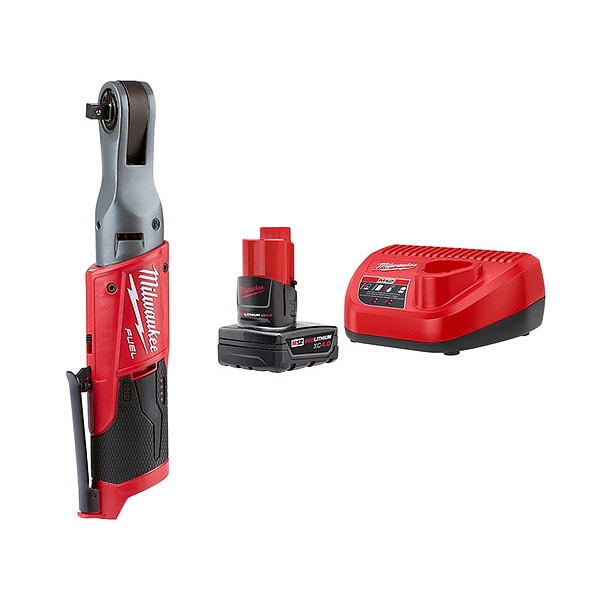 Milwaukee Tool 12V 3/8 in M12 FUEL 3/8 in Ratchet + Battery and Charger Kit (4 Ah) - 2557-20, 48-59-2440