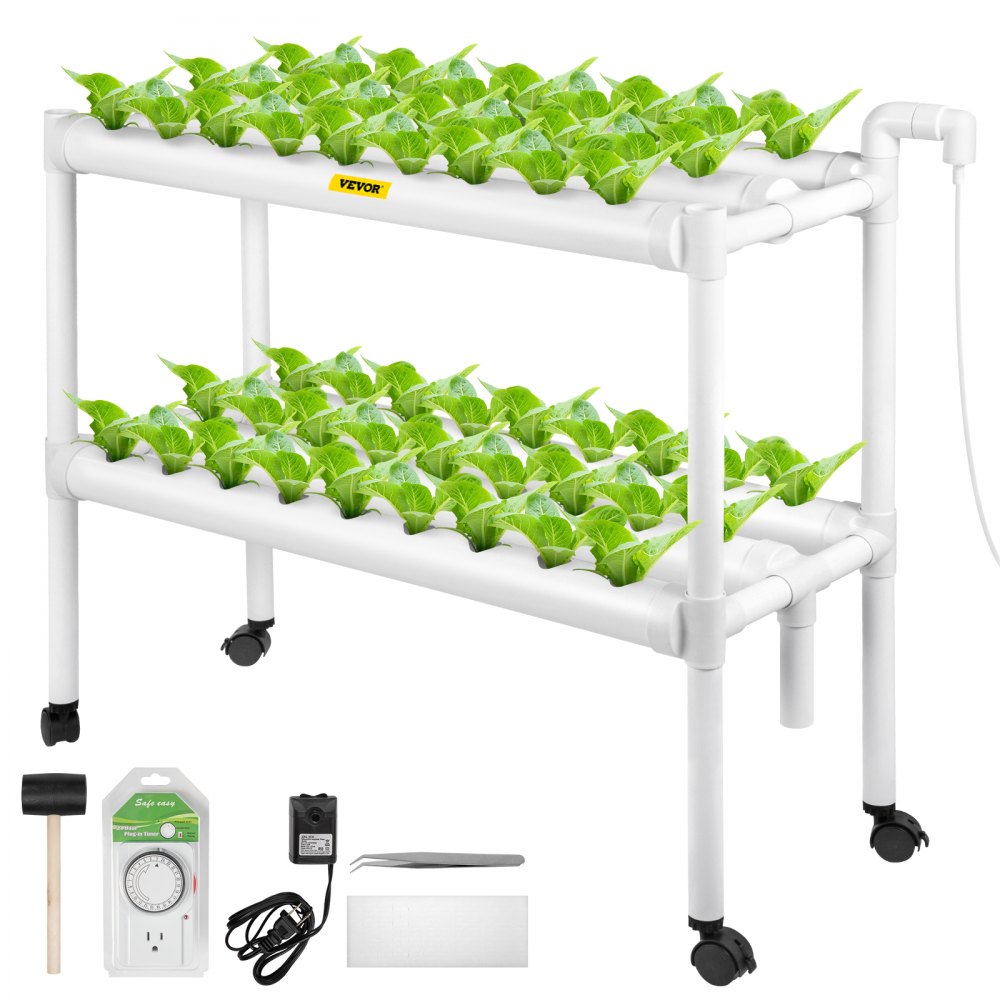 VEVOR Hydroponics Growing System, 54 Sites 6 Food-Grade PVC-U Pipes, 2 Layers Indoor Planting Kit with Water Pump, Timer, Nest Basket, Sponge for Fruits, Vegetables, Herb, White - SPZWSZ254110VSKUZV1