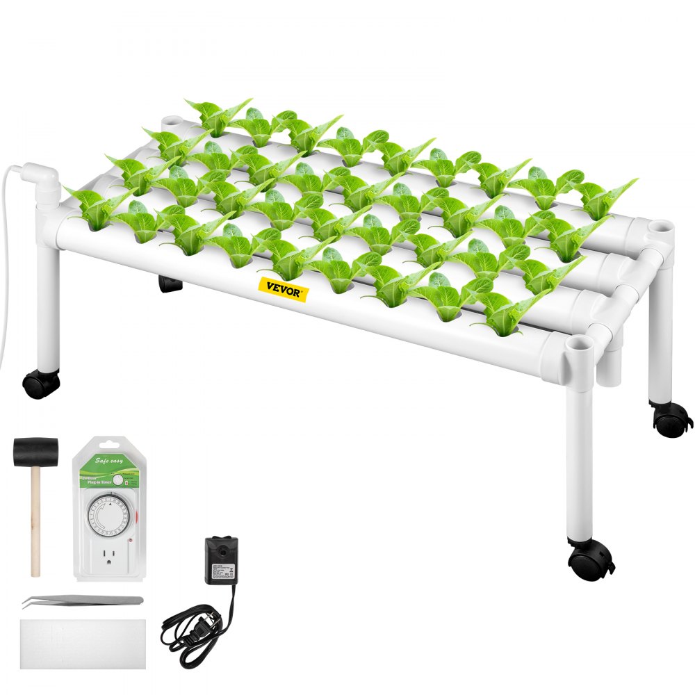VEVOR Hydroponics Growing System, 36 Sites 4 Food-Grade PVC-U Pipes, 1 Layer Indoor Planting Kit with Water Pump, Timer, Nest Basket, Sponge for Fruits, Vegetables, Herb, White - SPZWSZ136110VAV1EV1