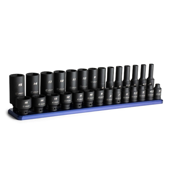 Capri Tools 1/4in. Drive Shallow Deep Impact Socket Set, 4 15 mm, Metric, 28-Piece Billet Aluminum Socket Rail - CP51000-28MSDR