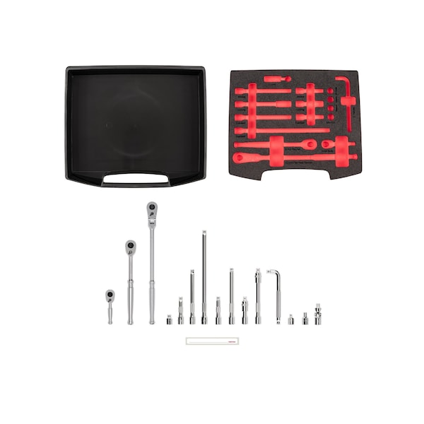 Tekton 3/8 Inch Drive Ratchet and Accessories Set with Open Top Drawer and Rack 16-Piece - OLB94309