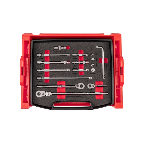 Tekton 3/8 Inch Drive Ratchet and Accessories Set with Open Top Drawer and Rack 16-Piece - OLB94309