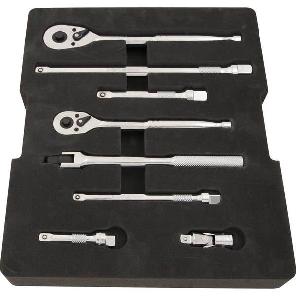 Dynamic 9Pcs Rtchet, Extnsn, U-Joint & Flex Hndl Set, 3/8" & 1/2"Dr & Tool Orgnzr - D105101