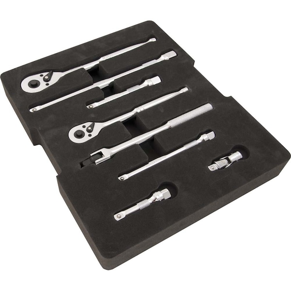 Dynamic 9Pcs Rtchet, Extnsn, U-Joint & Flex Hndl Set, 3/8" & 1/2"Dr & Tool Orgnzr - D105101