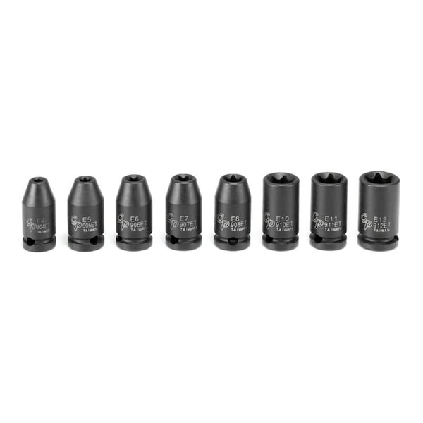 Grey Pneumatic 1/4" Drive Impact Socket, 1/4"D, External Torx, 8pcs., SAE, Chrome plated, 0.98" L - 998ET