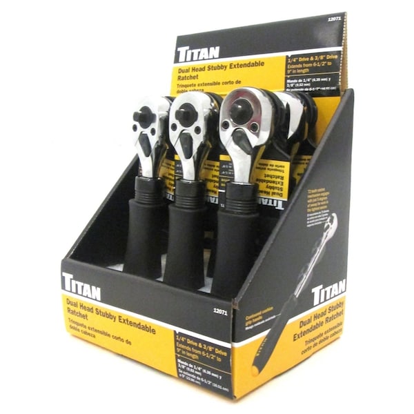 Titan 1/4", 3/8" Drive 72 Geared Teeth Dual, Stubby Stubby Adj Ratchet Counter Display, 6 pcs - 12071-6
