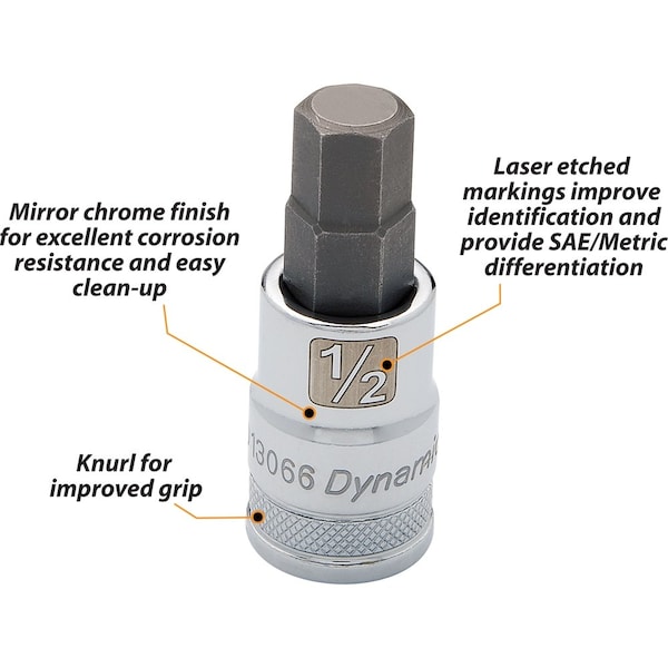 Dynamic Tools 1/2"Dr SAE Hex Head, 9/16" Bit Standard Length, Chrome Socket - D013068