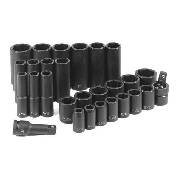 Grey Pneumatic 1/2" Drive Standard and Deep Length Impact Set, SAE/Metric, 28 pcs - 1328RD