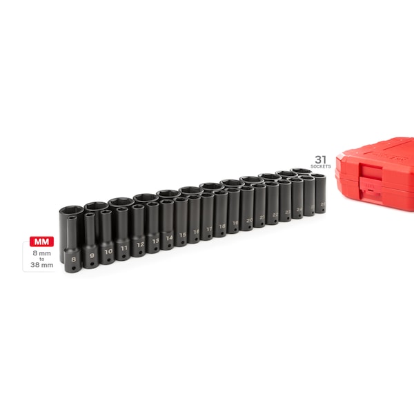 Tekton 1/2 Inch Drive Deep 6-Point Impact Socket Set, 31-Piece (8-38 mm) - SID92335