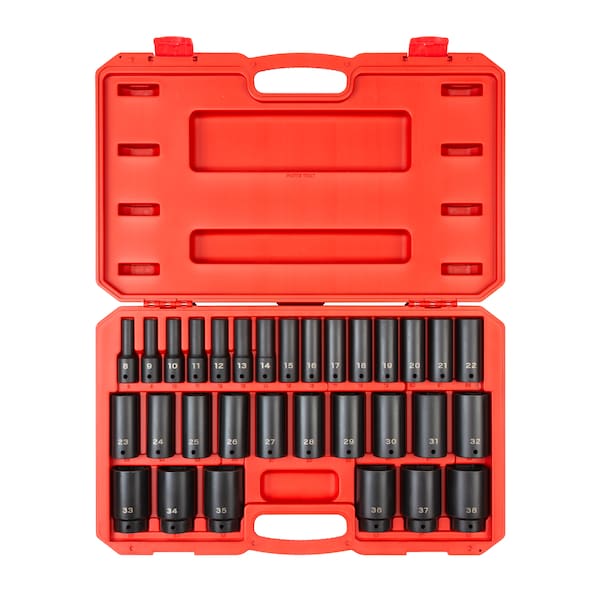 Tekton 1/2 Inch Drive Deep 6-Point Impact Socket Set, 31-Piece (8-38 mm) - SID92335