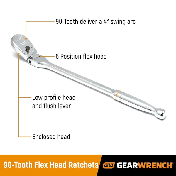 Gearwrench 4 Piece 1/4", 3/8" & 1/2" Drive 90-Tooth Flex Head Teardrop Ratchet Set - 81230T