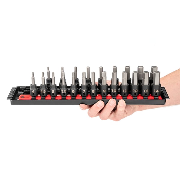 Tekton 3/8 Inch Drive Hex Impact Bit Socket Set with Rails, 22-Piece (5/32 - 9/16 in., 4 - 14 mm) - SIB91201