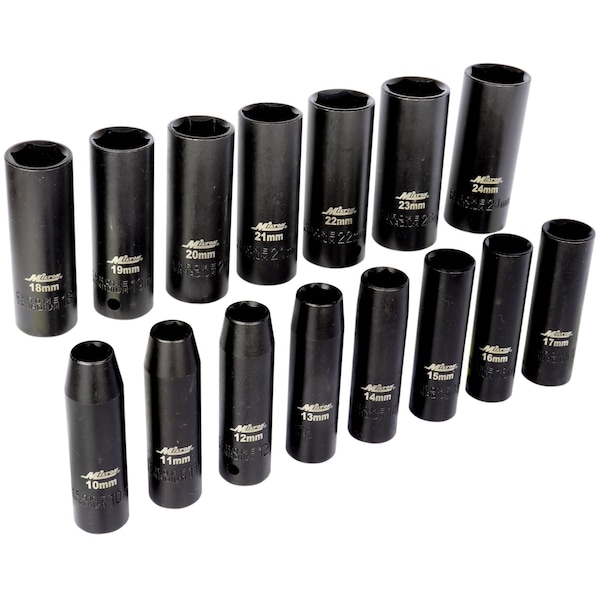 Milton 1/2 in. Drive Deep 6-Point Impact Socket Set, 10-24mm Metric, Black Oxide Finish 15-Piece - 1300-SS-05