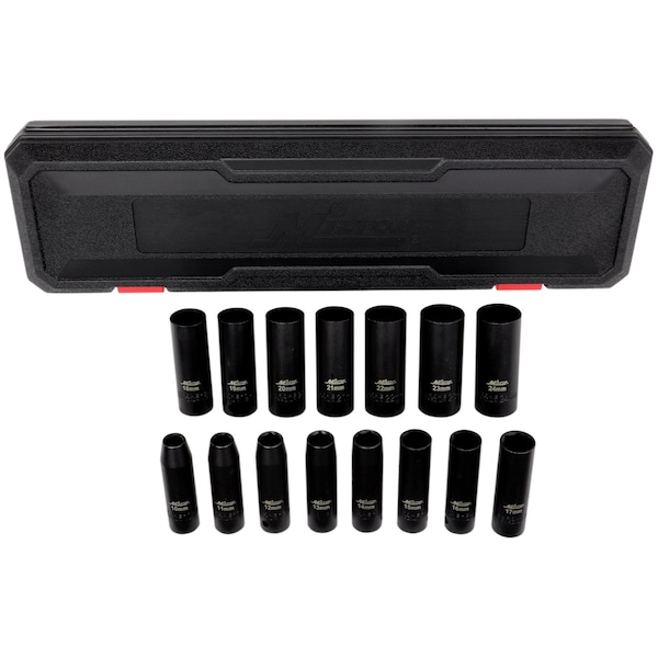 Milton 1/2 in. Drive Deep 6-Point Impact Socket Set, 10-24mm Metric, Black Oxide Finish 15-Piece - 1300-SS-05