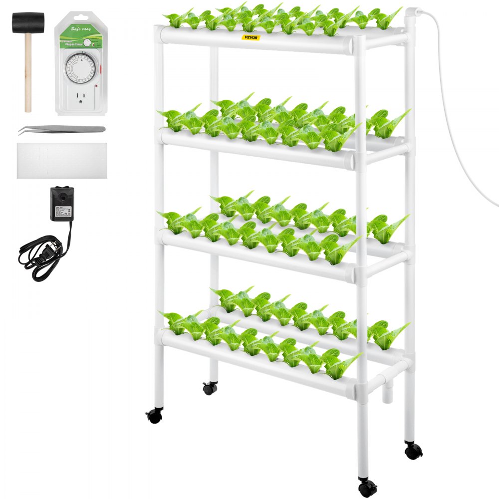 VEVOR Hydroponics Growing System, 72 Sites 8 Food-Grade PVC-U Pipes, 4 Layers Indoor Planting Kit with Water Pump, Timer, Nest Basket, Sponge, for Fruits, Vegetables, Herbs, White - SPZWSZ472110V3D0GV1