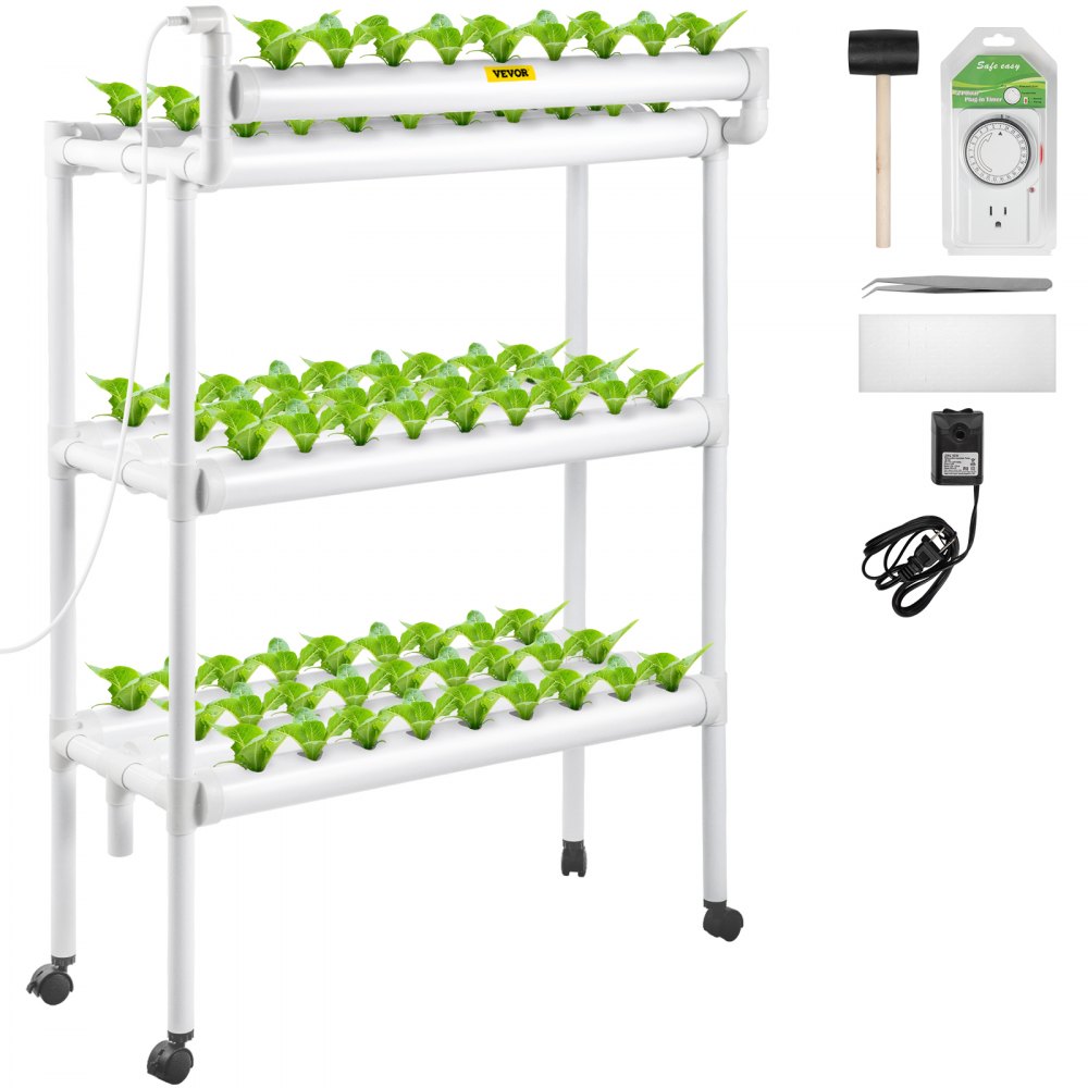 VEVOR Hydroponics Growing System, 90 Sites 10 Food-Grade PVC-U Pipes, 3 Layers Indoor Planting Kit with Water Pump, Timer, Nest Basket, Sponge, for Fruits, Vegetables, Herbs, White - SPZ390110220V7FX7V5