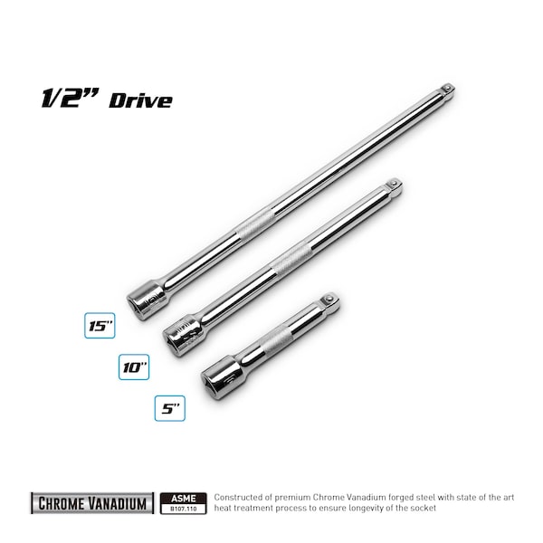 Capri Tools 1/2 in Drive 5, 10, 15 in Wobble Extension Bar Set, 3 pcs - 1-2600