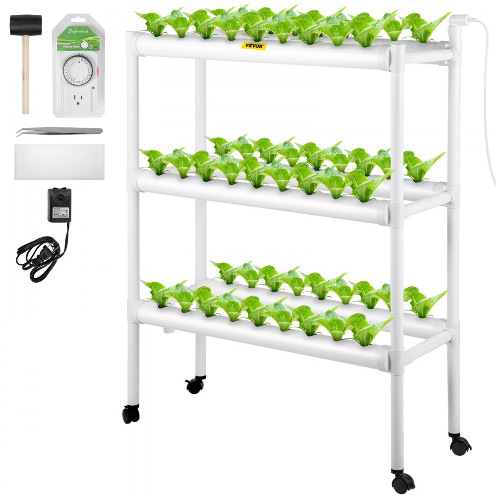 VEVOR Hydroponics Growing System, 54 Sites 6 Food-Grade PVC-U Pipes, 3 Layers Indoor Planting Kit with Water Pump, Timer, Nest Basket, Sponge for Fruits, Vegetables, Herb, White - SPZWSZ354110VU5DIV1