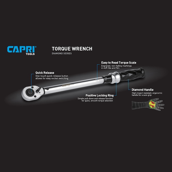 Capri Tools 3/8 in Drive Diamond Ergonomic Grip Torque Wrench, 15-80 ft.-lb. - CP31101