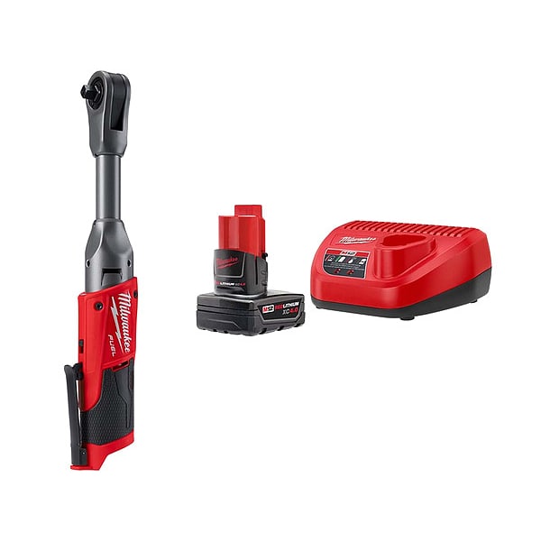 Milwaukee Tool M12 FUEL 3/8 in Extended Reach Ratchet, Includes 4.0 Extended Capacity Battery Pack - 2560-20, 48-59-2440