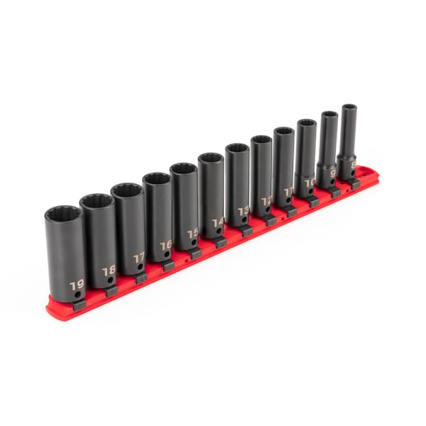 Tekton 3/8 Inch Drive Deep 12-Point Impact Socket Set with Rail, 12-Piece (8-19 mm) - SID91111
