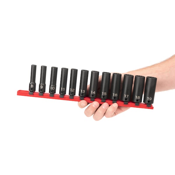 Tekton 3/8 Inch Drive Deep 12-Point Impact Socket Set with Rail, 12-Piece (8-19 mm) - SID91111