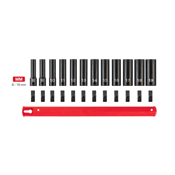 Tekton 3/8 Inch Drive Deep 12-Point Impact Socket Set with Rail, 12-Piece (8-19 mm) - SID91111