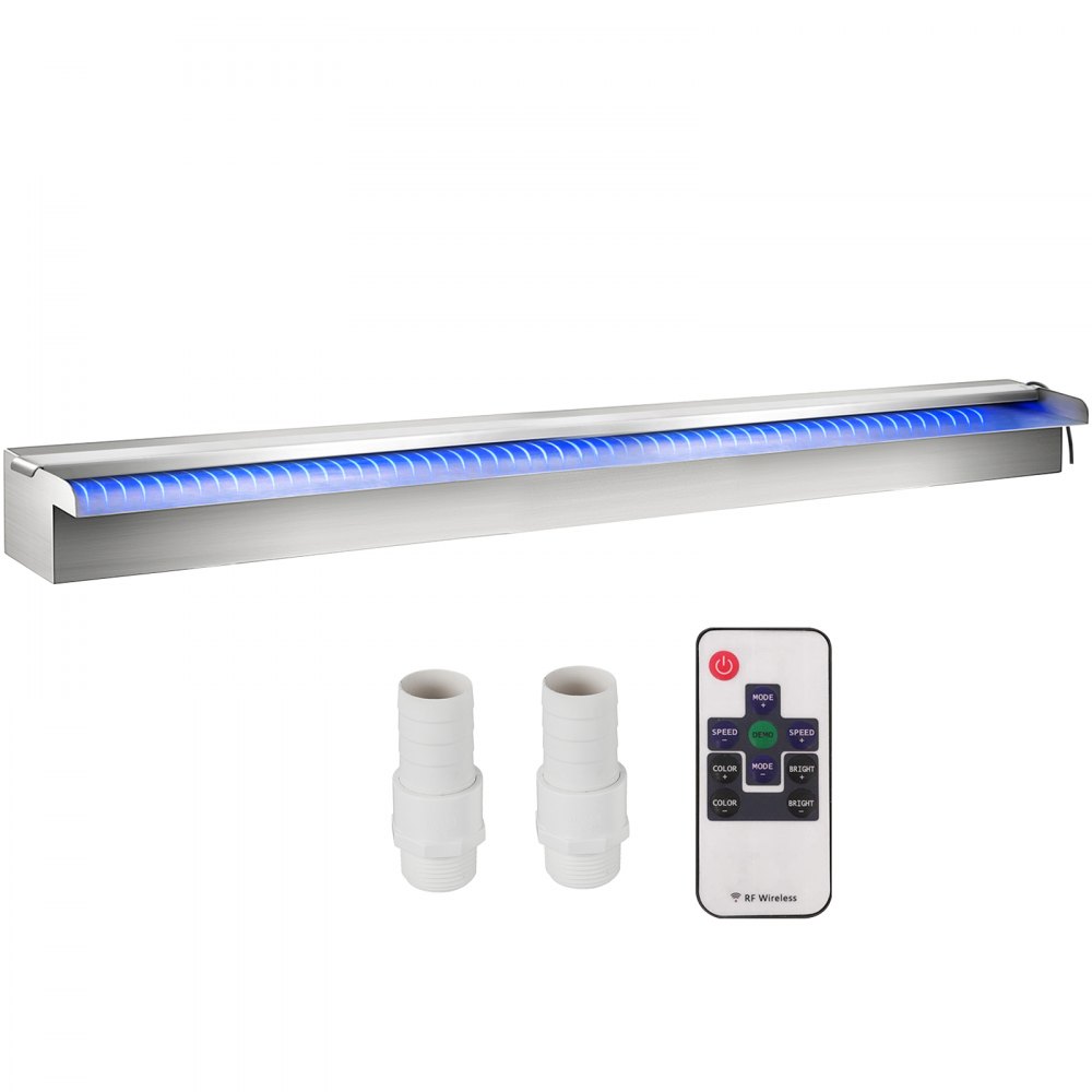 VEVOR Pool Fountain Stainless Steel Pool Waterfall 35.4" x 4.5" x 3.1"(W x D x H) with LED Strip Light Waterfall Spillway with Pipe Connector Rectangular Garden Outdoor - PQSBJPJSWLED90001V1