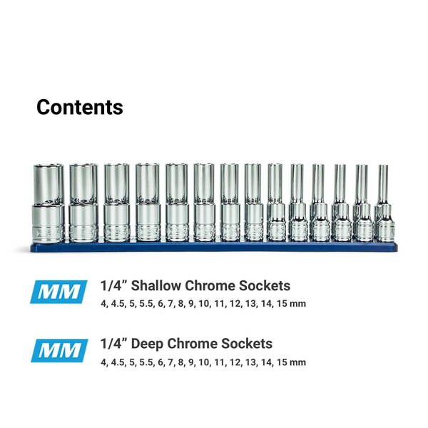 Capri Tools 1/4in. Drive Master Chrome Sockets Set, 6-Point, 4 15 mm, Metric, 28-Piece Billet Aluminum Socket Rail - CP12110-28MSDR