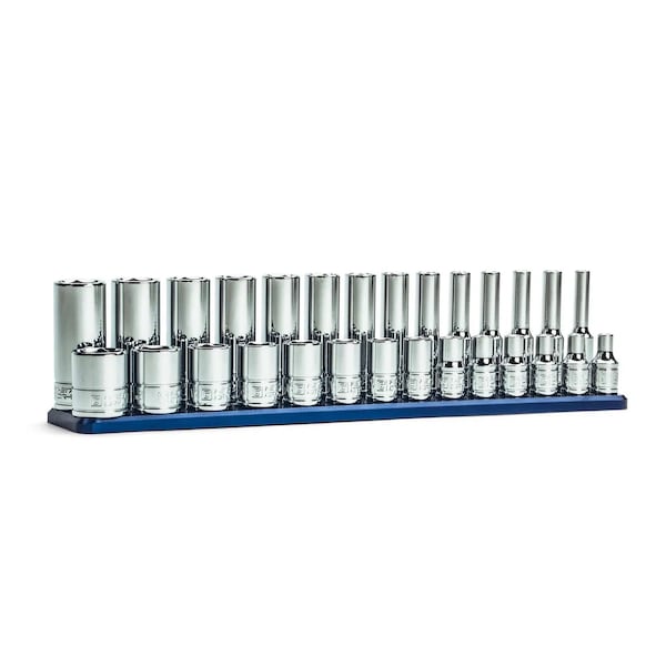 Capri Tools 1/4in. Drive Master Chrome Sockets Set, 6-Point, 4 15 mm, Metric, 28-Piece Billet Aluminum Socket Rail - CP12110-28MSDR