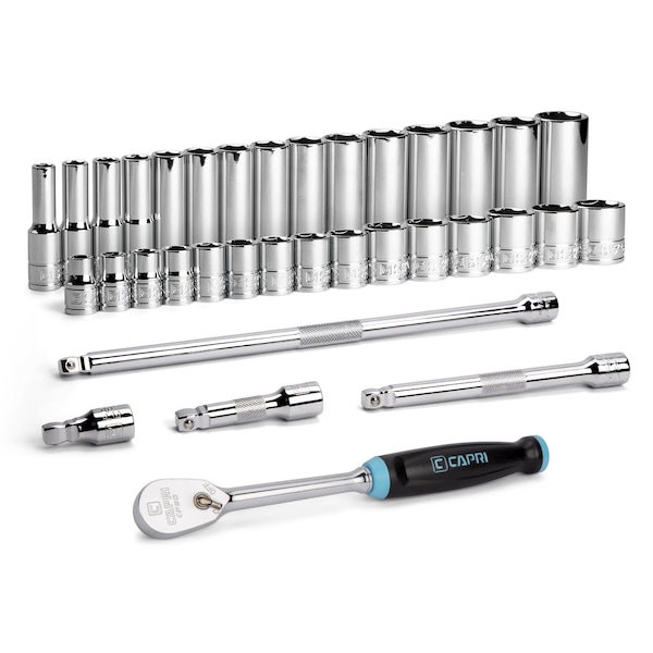 Capri Tools 3/8 in. Drive Master 6-Point Chrome Socket Set, 8 to 22 mm, with Extension and Ratchet, 35-Piece - CP12320-35M-SET