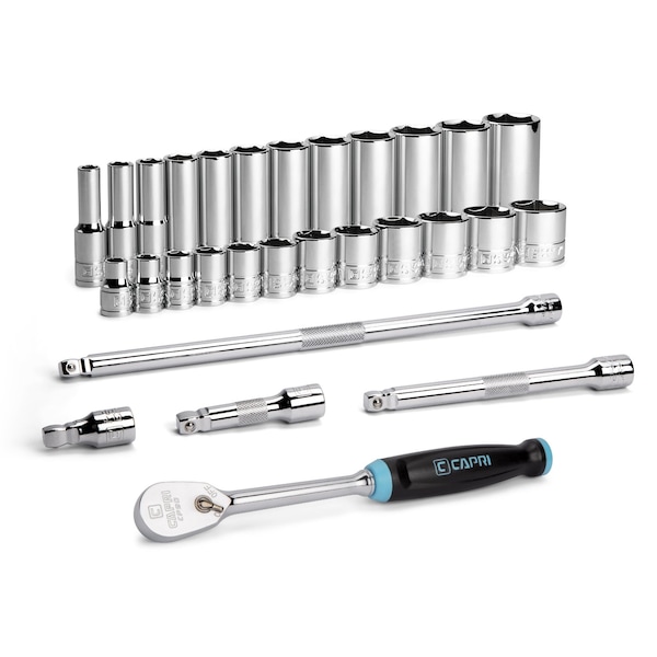 Capri Tools 3/8 in. Drive Master 6-Point Chrome Socket Set, 5/16 to 1 in., with Extension and Ratchet, 29-Piece - CP12320-29S-SET