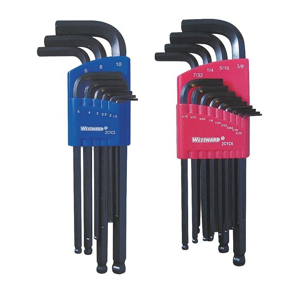 Westward 22-Piece Hex Key Set, L, Metric and SAE, Long, Alloy Steel, Plastic Holder, 2CYC7 - 2CYC7
