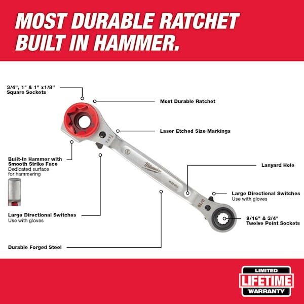 Milwaukee Tool Lineman’s 5in1 Ratcheting Wrench - 48-22-9216