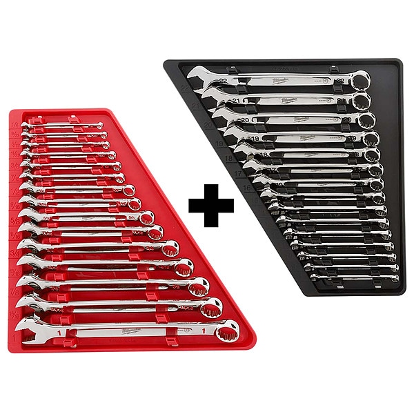 Milwaukee Tool Combination Wrench Tray Set, Alloy Steel, Chrome, 15° Head Offset Angle, 30 pieces - 48-22-9415, 48-22-9515