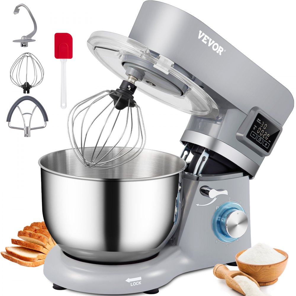 VEVOR Stand Mixer, 660W Electric Dough Mixer with 6 Speeds LCD Screen Timing, Tilt-Head Food Mixer with 5.8 Qt Stainless Steel Bowl, Dough Hook, Flat Beater, Whisk, Scraper, Splash-Proof Cover - Gray - XRLLSJBJHHBDFN8Q4V1