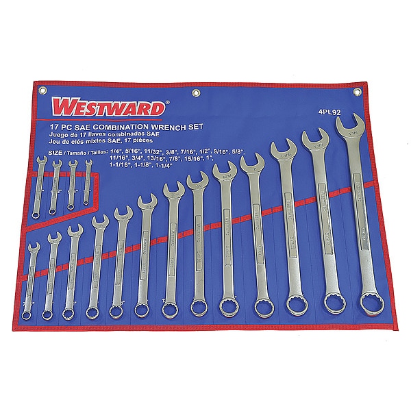 Westward Combo Wrench Set, Satin, 1/4-1-1/4 in, 17Pc - 4PL92