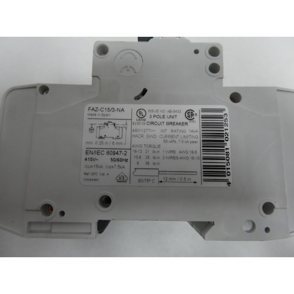 Moeller Miniature Circuit Breaker, 15A, 3 Pole, 277/480V AC - FAZ-C15/3-NA