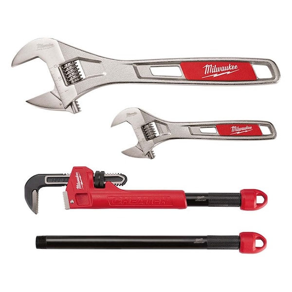 Milwaukee Tool Adjustable Wrench Set w/Cheat Pipe Wrnch - 48-22-7400, 48-22-7314