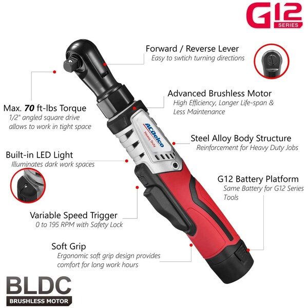 Acdelco G12 1/2" BRUSHLESS Ratchet Wrench 70 ft-lbs, 2-Battery Kit - ARW1210-42