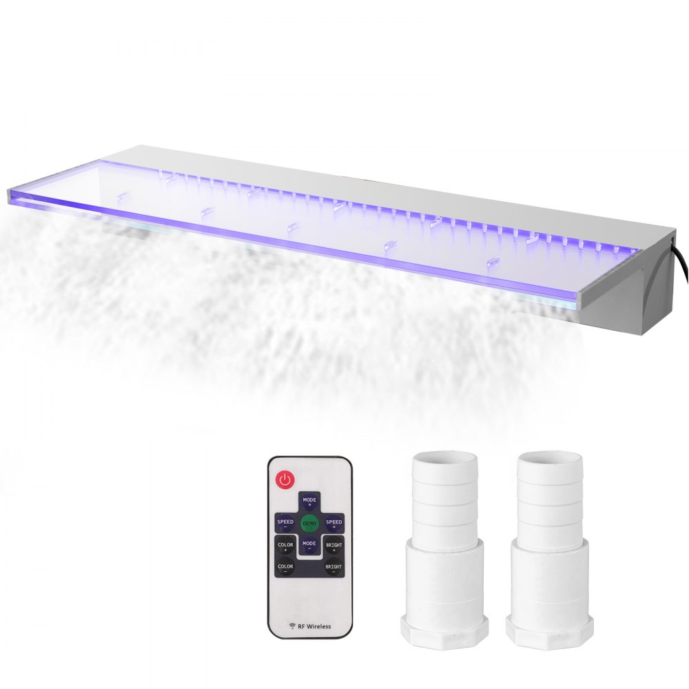 VEVOR Fountain Spillway 23.6x3.2x8.1 Inch, Pool Waterfall Fountain 17 Colors Led, Pool Water Fall Kit with Remote, Pool Spillway Solid Acrylic Pool Waterfall for Garden Pond, Swimming Pool, Square - SLPBPQAW600DBS001V1
